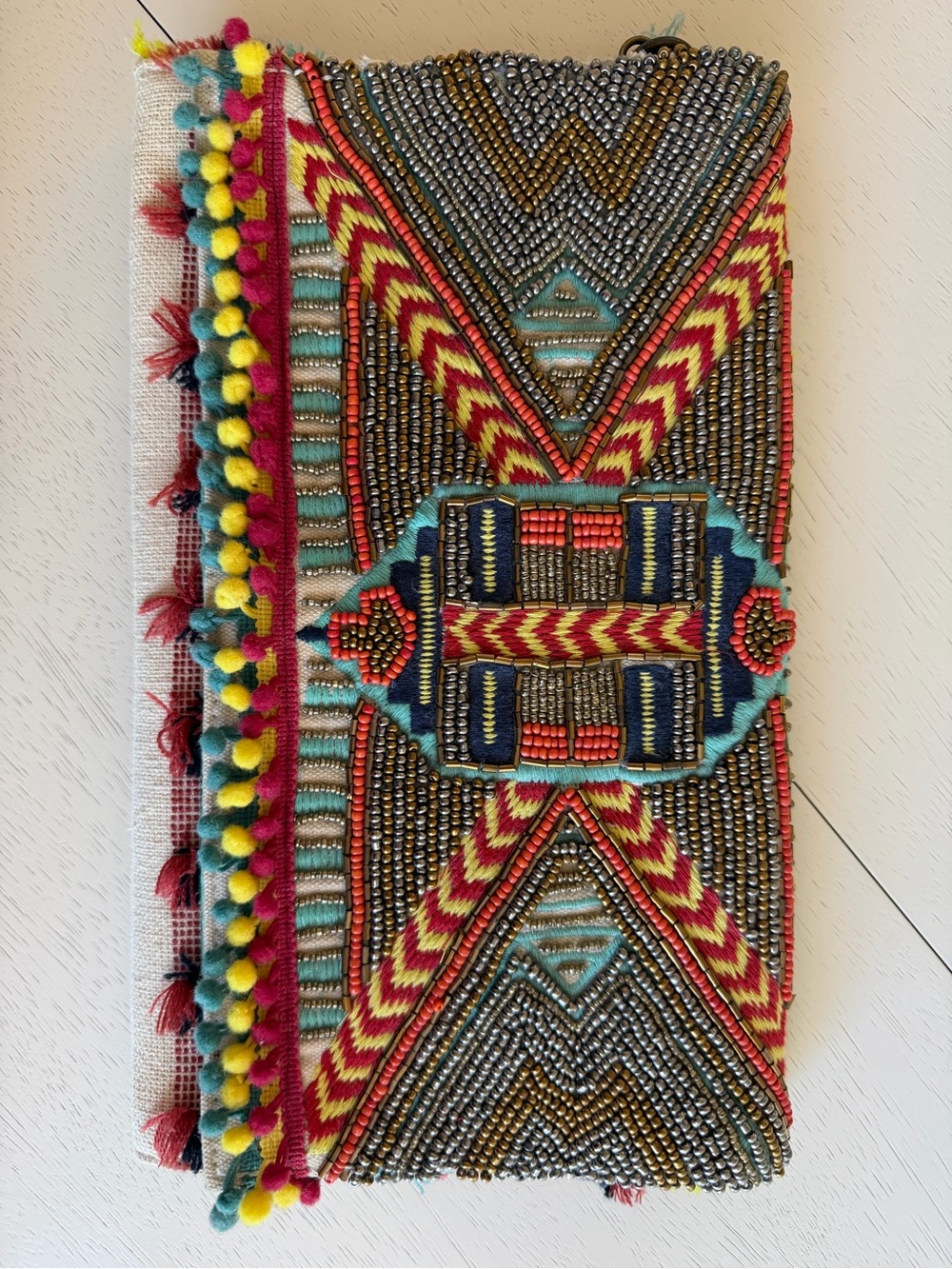 Beaded Embellished Multicolor Tribal-Clutch with Pom Trim